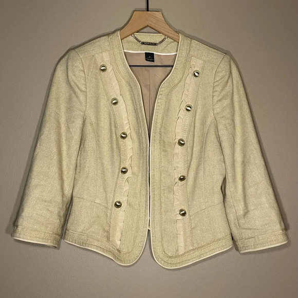 Women's 6 WHBM Military Inspired Linen Blend Jacket Ribbon Ruffle Peplum - Picture 2 of 7